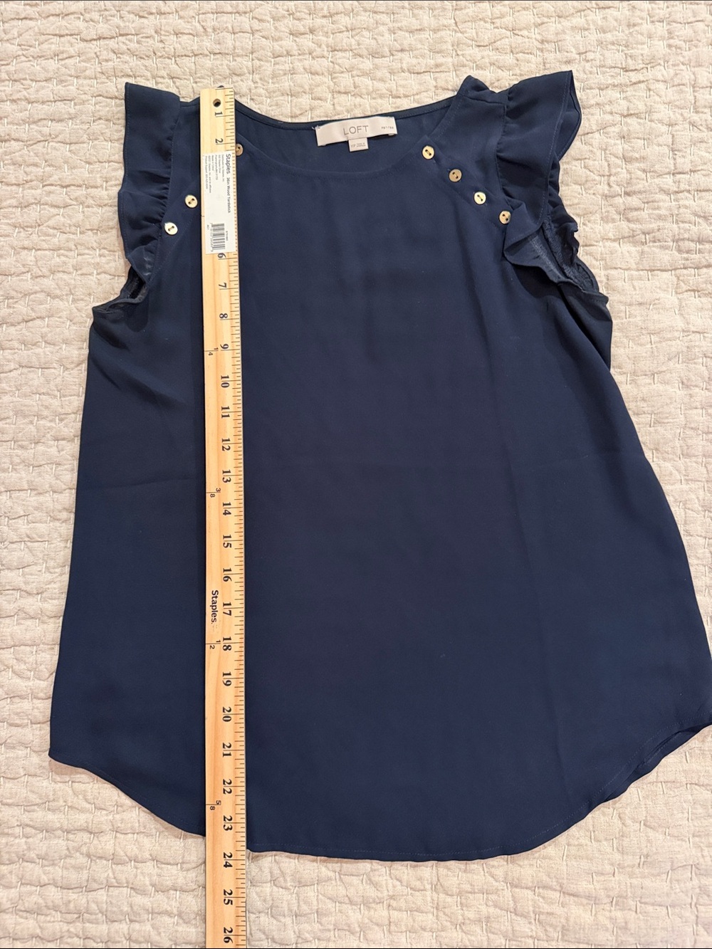 LOFT Navy Ruffle Sleeve Shell with Gold Buttons - Picture 2 of 5